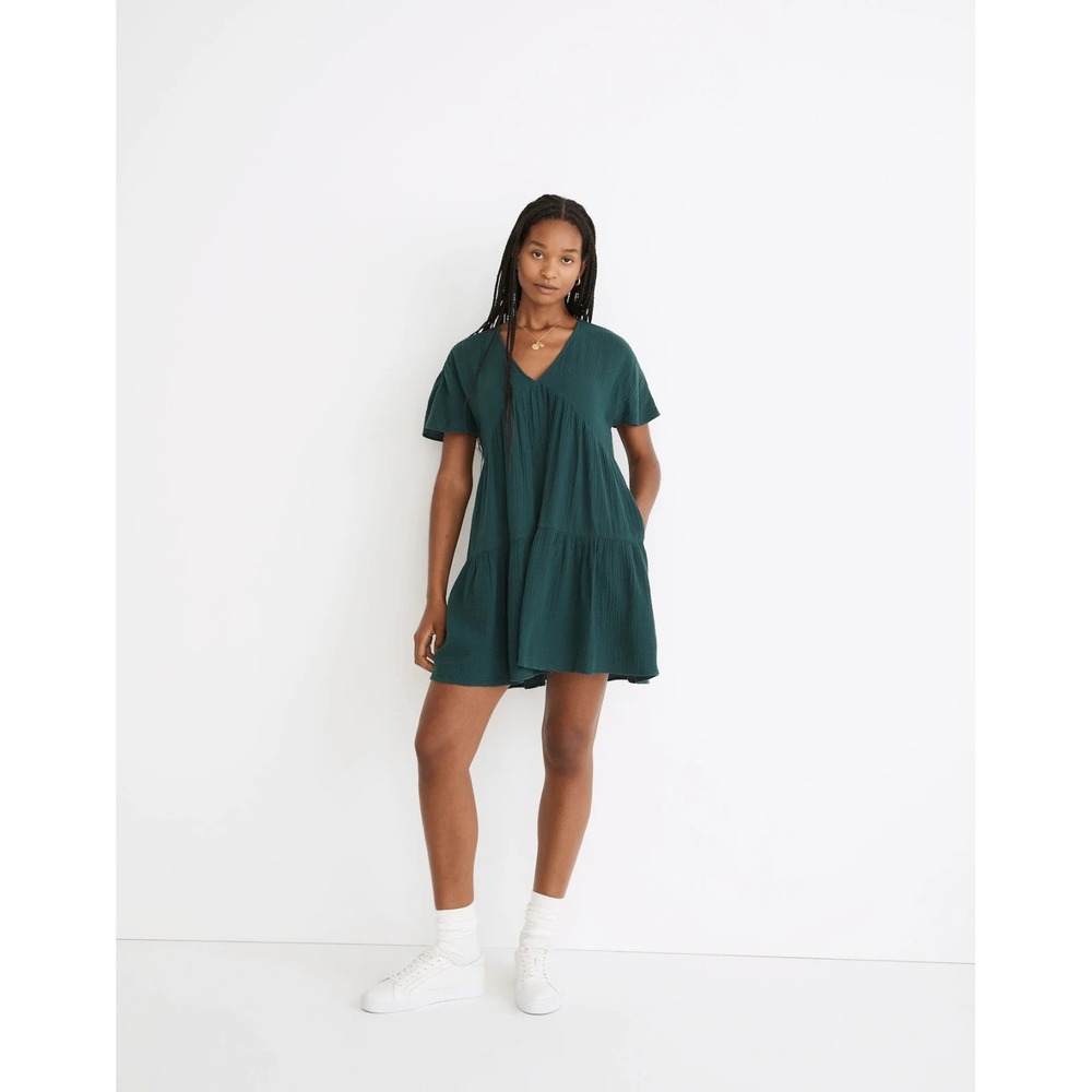 Madewell Lightspun Mini Dress Womens S Dried Aloe Green Cotton Gauze Tiered Boho